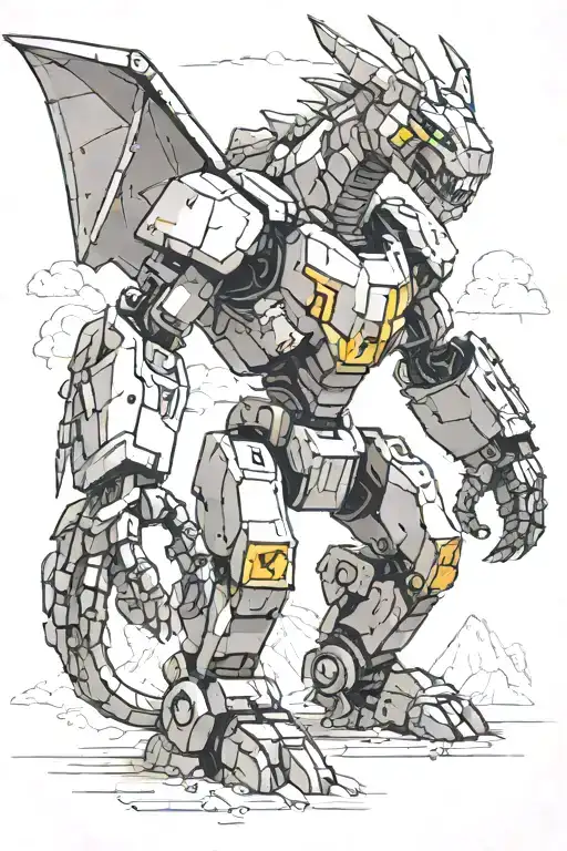 Illustrate a diesel-powered mech robot battling a dragon in a minecraft-inspired landscape tattoo design idea