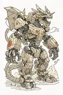 Illustrate a diesel-powered mech robot battling a dragon in a minecraft-inspired landscape tattoo design idea