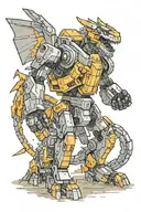 Illustrate a diesel-powered mech robot battling a dragon in a minecraft-inspired landscape tattoo design idea