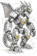 Illustrate a diesel-powered mech robot battling a dragon in a minecraft-inspired landscape tattoo design idea