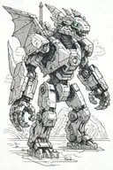 Illustrate a diesel-powered mech robot battling a dragon in a minecraft-inspired landscape tattoo design idea
