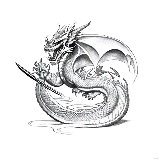 Green and white dragon with samurai sword tattoo design idea