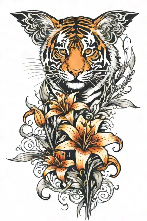glory lily and tiger walking tattoo design idea
