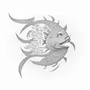 Blue fish with the inscription "DoriTeam" in the style of minecraft tattoo design idea