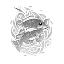 Blue fish with the inscription "DoriTeam" in the style of minecraft tattoo design idea