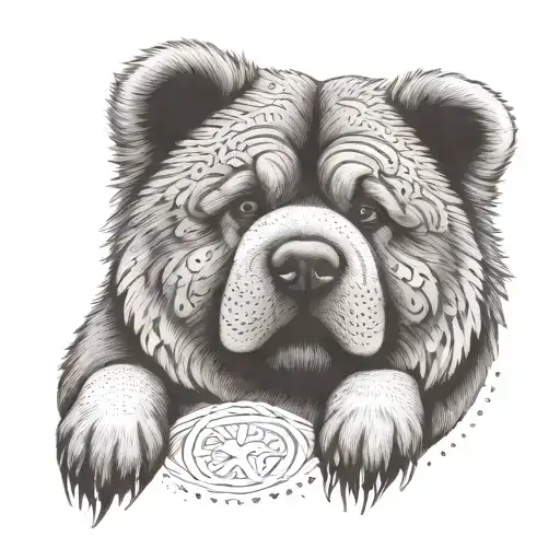 A whimsical design featuring a chow chow discovering hidden treasures with a magnamalo tattoo design idea