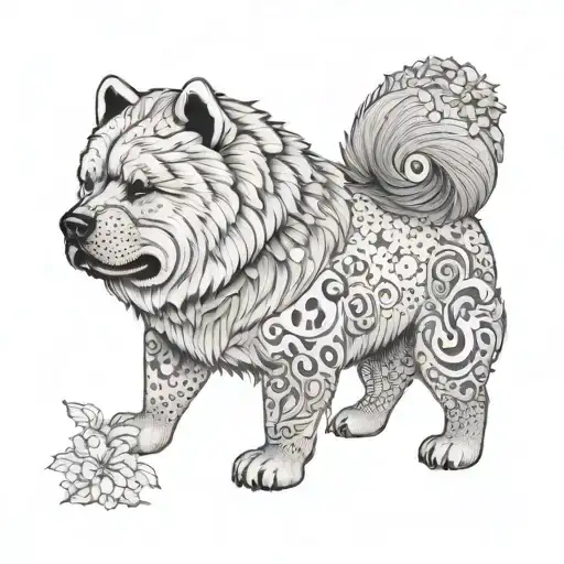 A whimsical design featuring a chow chow discovering hidden treasures with a magnamalo tattoo design idea