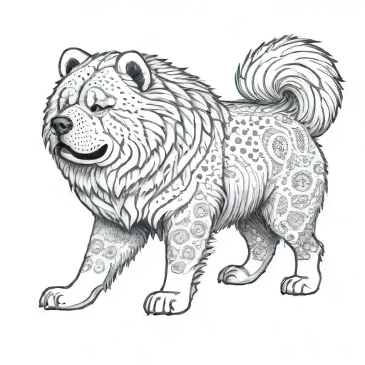 A whimsical design featuring a chow chow discovering hidden treasures with a magnamalo tattoo design idea