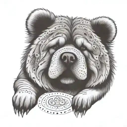 A whimsical design featuring a chow chow discovering hidden treasures with a magnamalo tattoo design idea