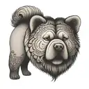 A whimsical design featuring a chow chow discovering hidden treasures with a magnamalo tattoo design idea