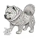 A whimsical design featuring a chow chow discovering hidden treasures with a magnamalo tattoo design idea