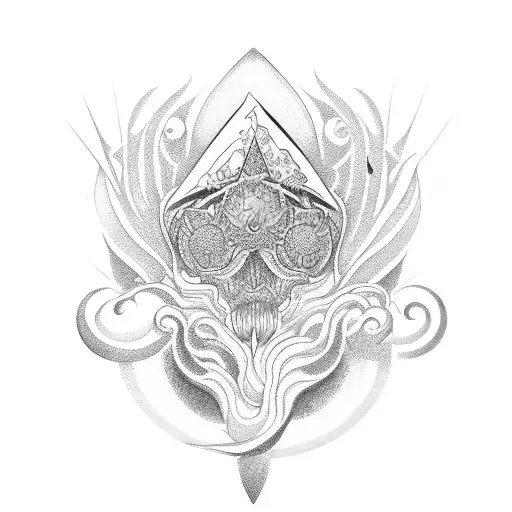 mano shaka, olas, palmeras, sol tattoo design idea