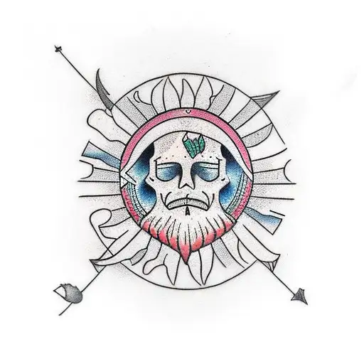 shaka tradicional con olas, palmeras y un sol tattoo design idea