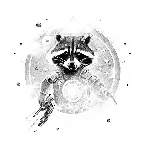 captain rocket who is an raccoon from guardians of the Galaxy with bfg with supernova blown on the background tattoo design idea
