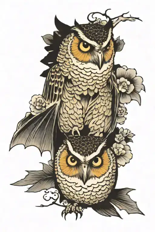 bat and owl flying tattoo design idea