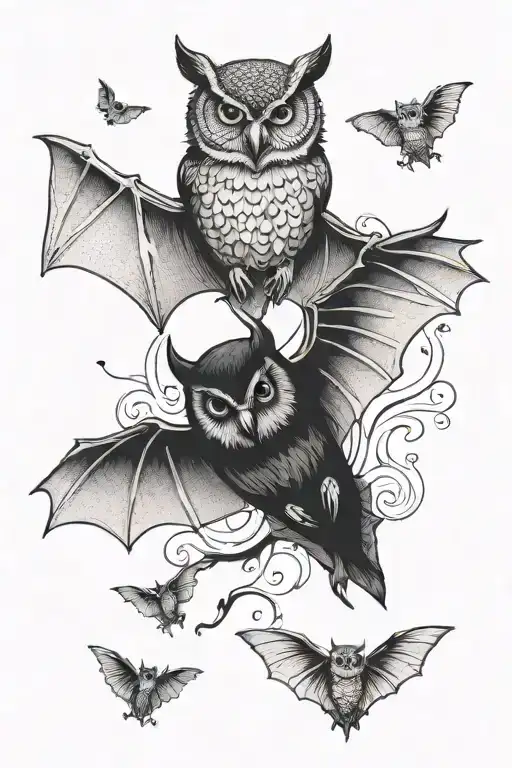 bat and owl flying tattoo design idea