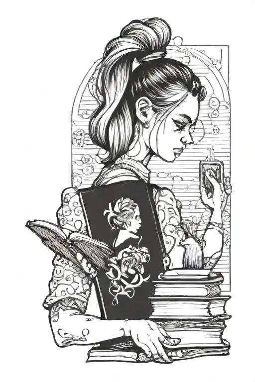 black and white drawing blonde girl with bun hair take a book in one hand and heart in second hand tattoo design idea