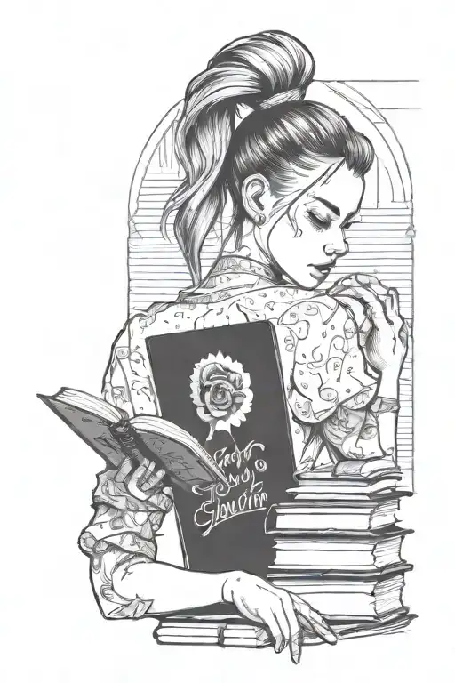 black and white drawing blonde girl  with bun hair sit and take a book in one hand and heart in second hand tattoo design idea