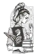 black and white drawing blonde girl with bun hair take a book in one hand and heart in second hand tattoo design idea
