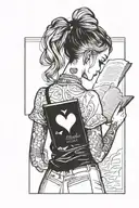 black and white drawing blonde girl with bun hair take a book in one hand and heart in second hand tattoo design idea