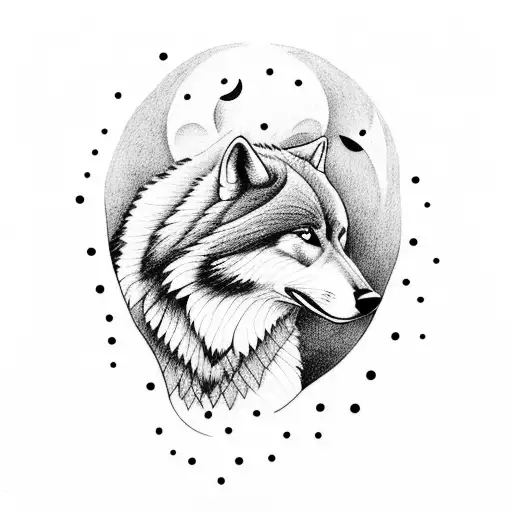 mother wolf with 5 pups with landscape and moon in background  tattoo design idea