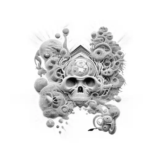 Create a surreal image that depicts the concept of life originating from nothingness and its inherent meaninglessness.  tattoo design idea