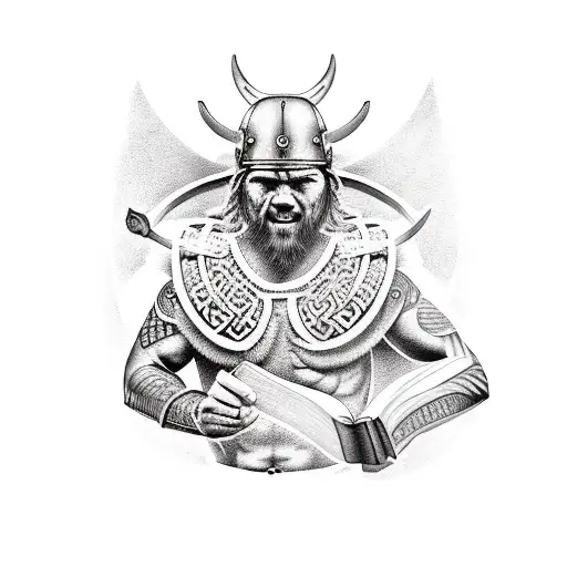 A realistic depiction of a Viking warrior dancing with a book in one hand and a skull in the other tattoo design idea