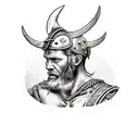 A realistic Viking warrior reading a book, with a skull resting on his shoulder tattoo design idea