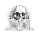 A realistic Viking warrior reading a book, with a skull resting on his shoulder tattoo design idea