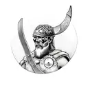 A realistic Viking warrior reading a book, with a skull resting on his shoulder tattoo design idea