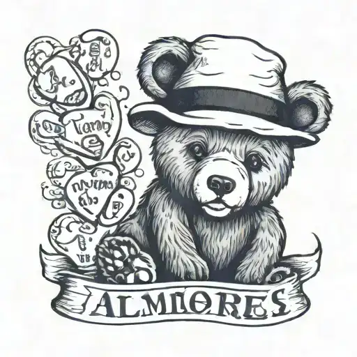 bear wearing a hat that says "al" include alzheimers puzzle piece, two baby foot prints, and script that says i love you tattoo design idea
