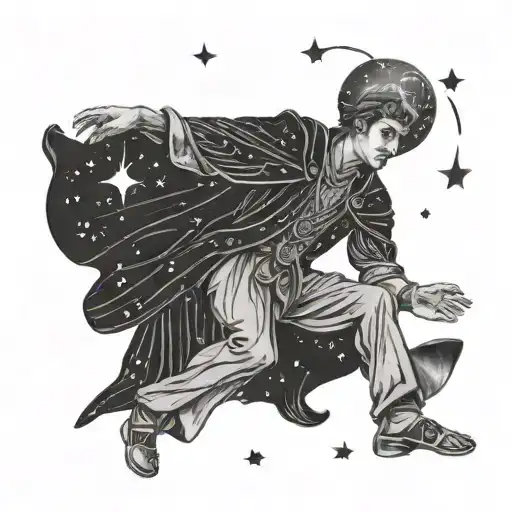 the magician from tarot reaching out and up to a sky of constellations tattoo design idea