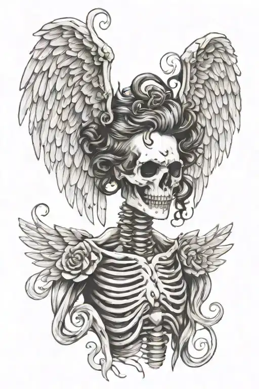 WINGS ANGEL WINGS WITH SKELETON HANDS ON NECK AND CURLS tattoo design idea