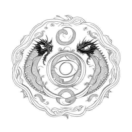 Twin gold and silver Dragons in a  ouroboros and  flower in the center tattoo design idea