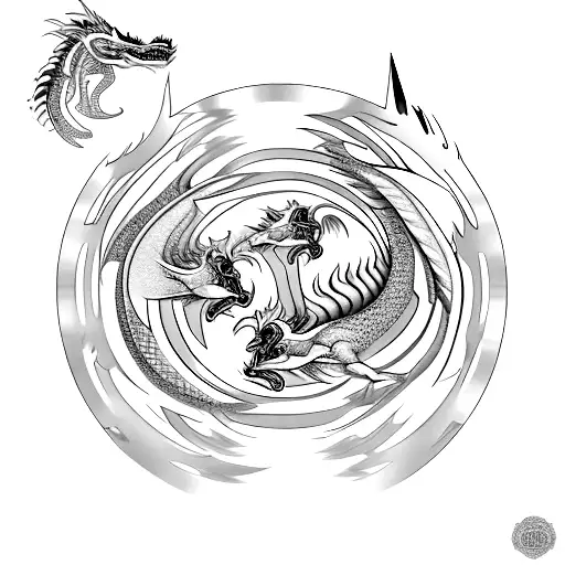 Twin gold and silver Dragons circling around each other and  flower in the center tattoo design idea