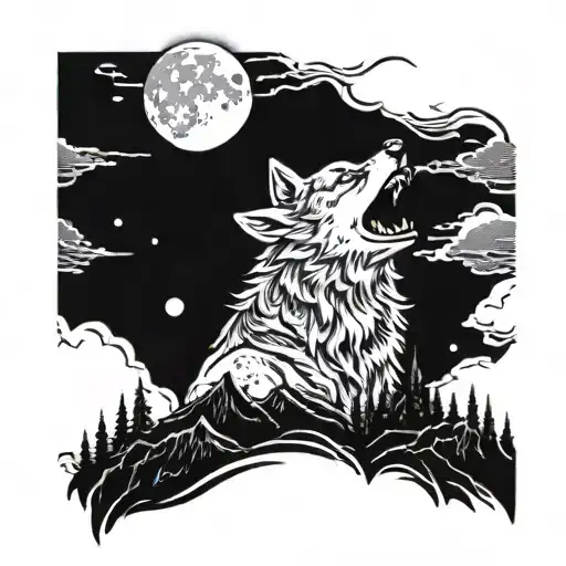 A demonic wolf howling at the moon in a gothic style tattoo design idea