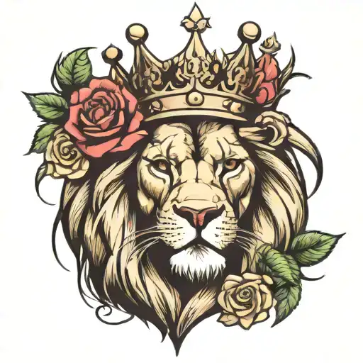 lion head with crown and roses tattoo design idea