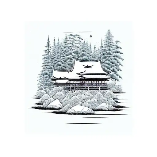 cabin in pine forest tattoo design idea