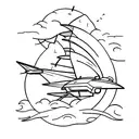 A minimalist tattoo of a beach scene with a spaceship soaring through the sky tattoo design idea