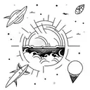 A minimalist tattoo of a beach scene with a spaceship soaring through the sky tattoo design idea