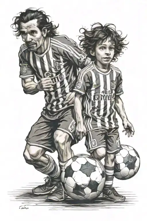 father and son soccer fans of Chivas de Guadalajara walking with a ball in their hands tattoo design idea