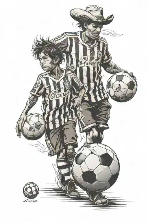 father and son Chivas de Guadalajara soccer fans walking with a ball in their hands looking at the horizon tattoo design idea