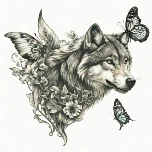 wolf and butterfly tattoo design idea