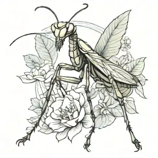 praying mantis line drawing tattoo design idea