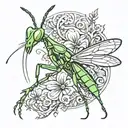 praying mantis line drawing tattoo design idea