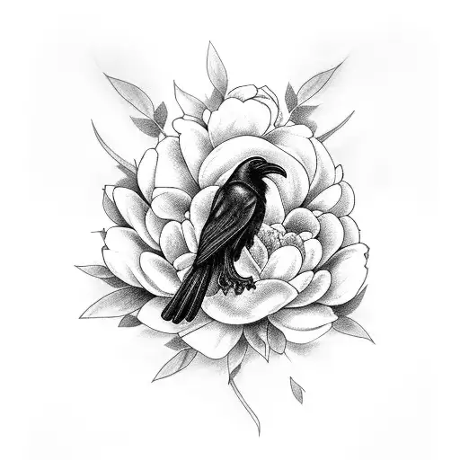 half skeletal raven with peonies, hellebore, southern magnolia tattoo design idea