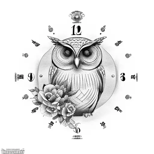 Flower, owl, clock, compass tattoo design idea