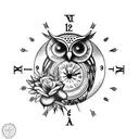 Flower, owl, clock, compass tattoo design idea