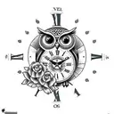 Flower, owl, clock, compass tattoo design idea