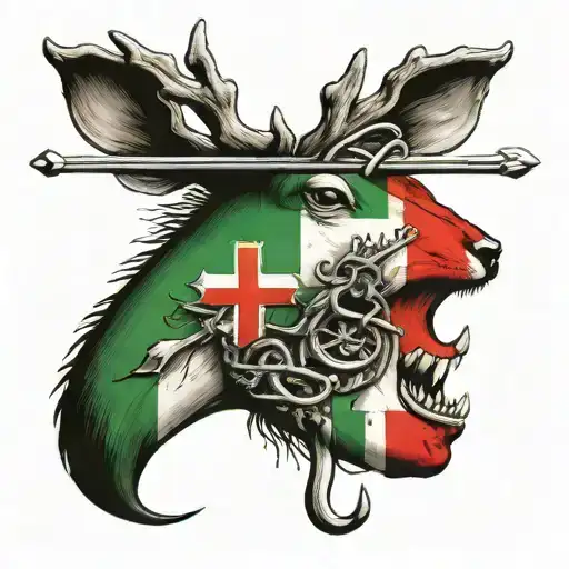 the Italian flag with a deer and a bass fish hook intertwined with cross tattoo design idea